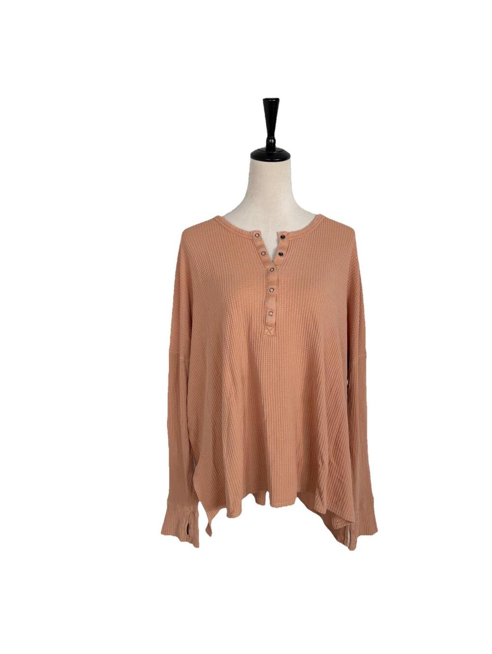 OFFLINE Aerie Brown Waffle Knit Henley Long Sleeve Shirt XL Oversized Thumbhole